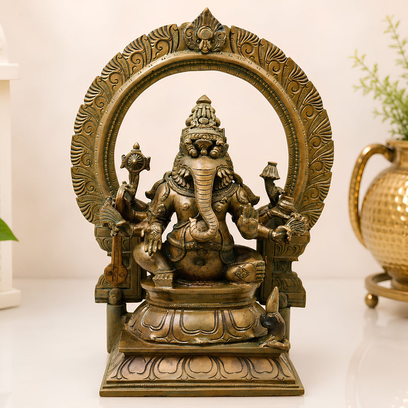 Bronze Narasimha Ganesha Idol, Handcrafted Chola Style Narasimha Ganapati Murti for Pooja, Home Decor & Gifting, Brown, 14 Inch, 1 Piece
