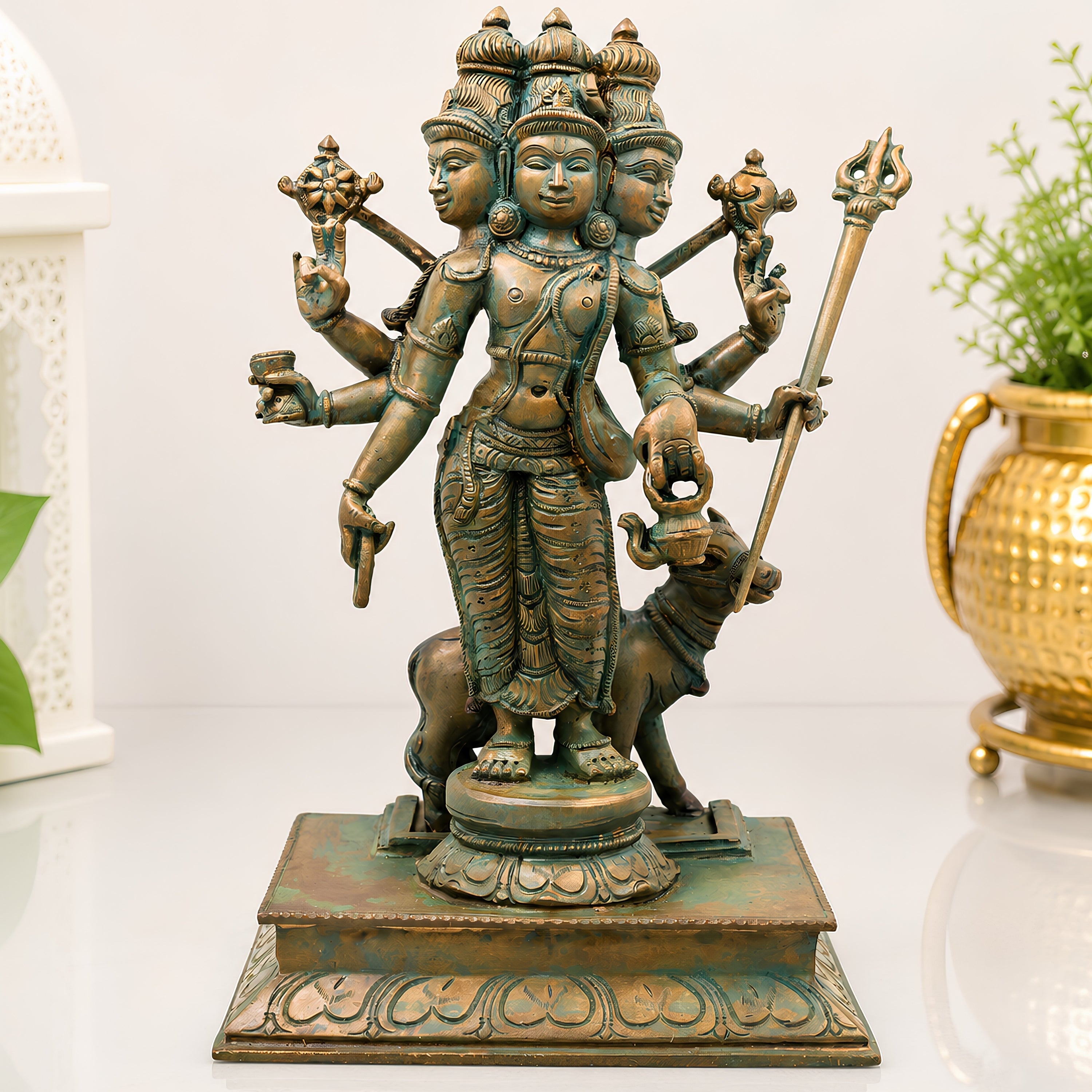 Bronze Bhagavan Dattatreya Idol,Handcrafted Chola Style Sri Guru Datta Murti for Pooja, Home Decor & Gifting, Brown, 13.5 Inch, 1 Piece