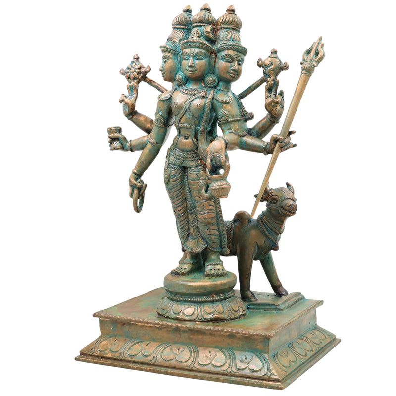 Bronze Bhagavan Dattatreya Idol,Handcrafted Chola Style Sri Guru Datta Murti for Pooja, Home Decor & Gifting, Brown, 13.5 Inch, 1 Piece