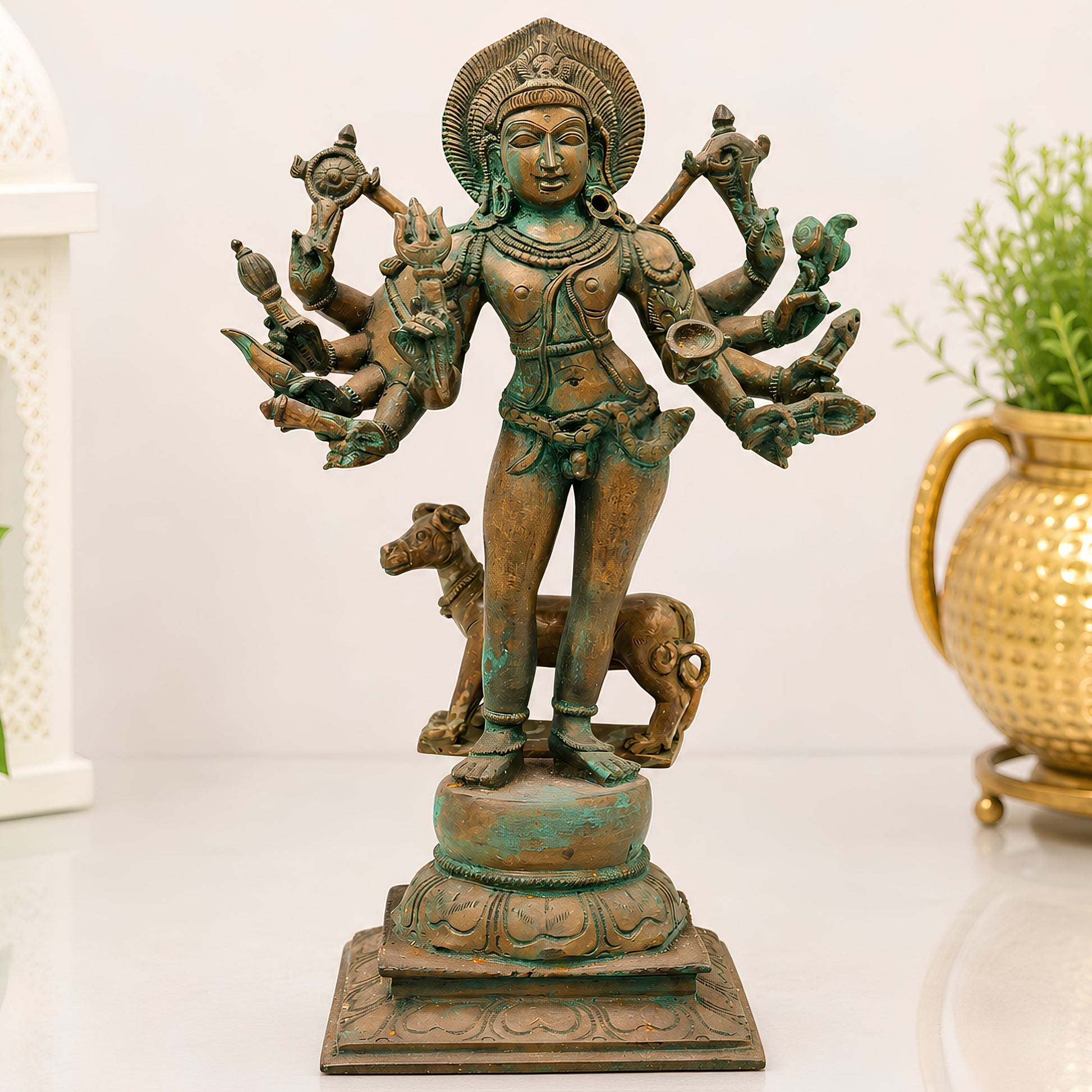 Handcrafted Chola Bronze Kala Bhairava Idol, Lord Kaal Bhairav Murti for Pooja, Home Decor & Spiritual Gifting, Brown, 12.5 Inch, 1 Piece