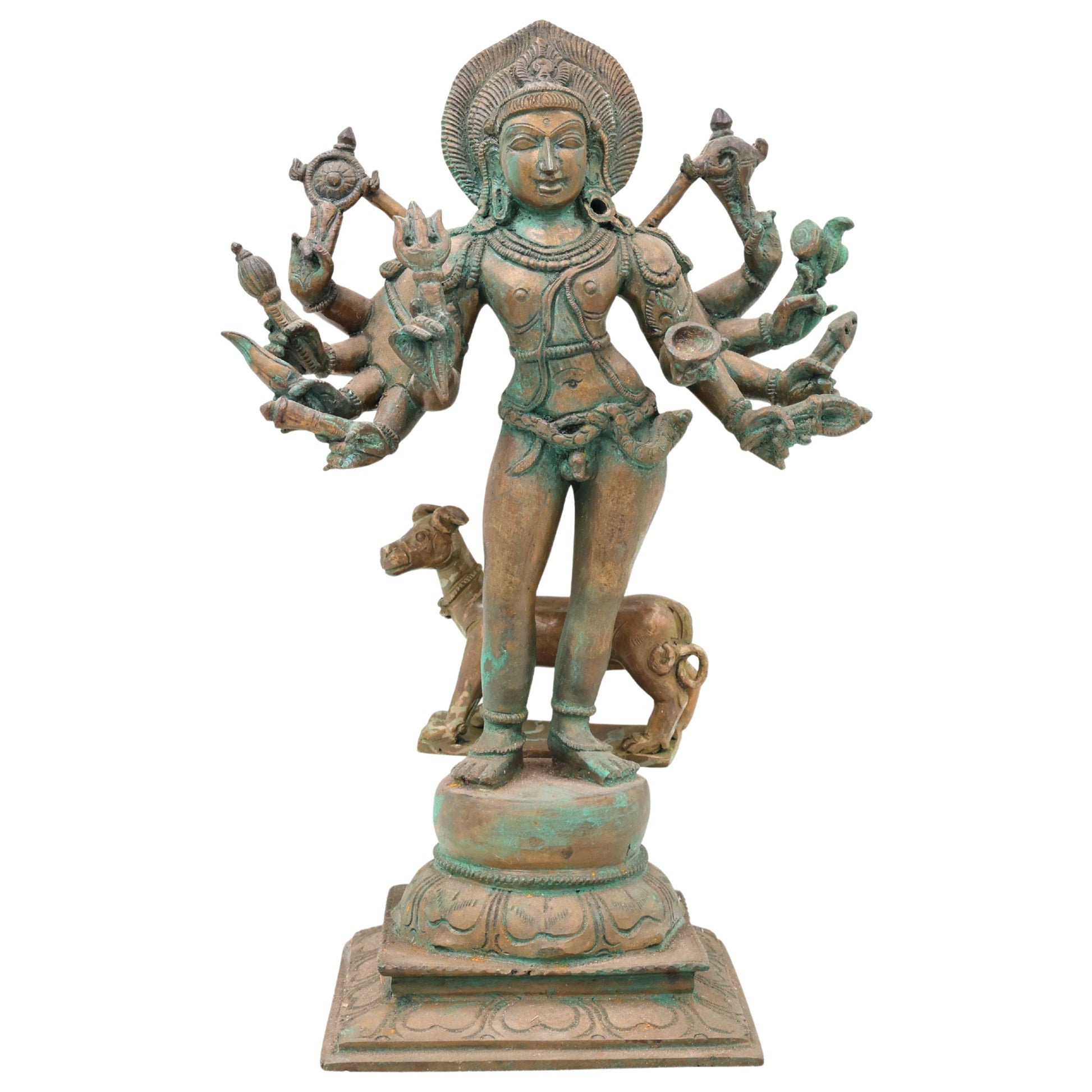 Handcrafted Chola Bronze Kala Bhairava Idol, Lord Kaal Bhairav Murti for Pooja, Home Decor & Spiritual Gifting, Brown, 12.5 Inch, 1 Piece