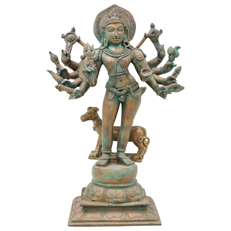 Handcrafted Chola Bronze Kala Bhairava Idol, Lord Kaal Bhairav Murti for Pooja, Home Decor & Spiritual Gifting, Brown, 12.5 Inch, 1 Piece