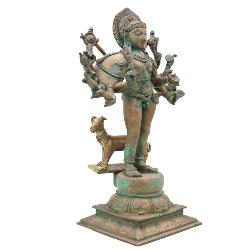 Handcrafted Chola Bronze Kala Bhairava Idol, Lord Kaal Bhairav Murti for Pooja, Home Decor & Spiritual Gifting, Brown, 12.5 Inch, 1 Piece