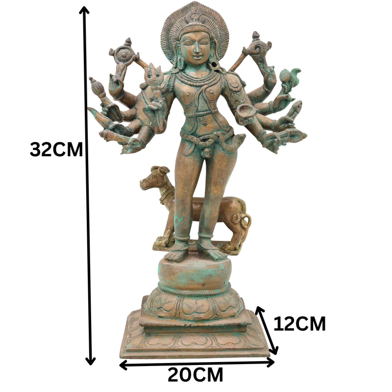 Handcrafted Chola Bronze Kala Bhairava Idol, Lord Kaal Bhairav Murti for Pooja, Home Decor & Spiritual Gifting, Brown, 12.5 Inch, 1 Piece