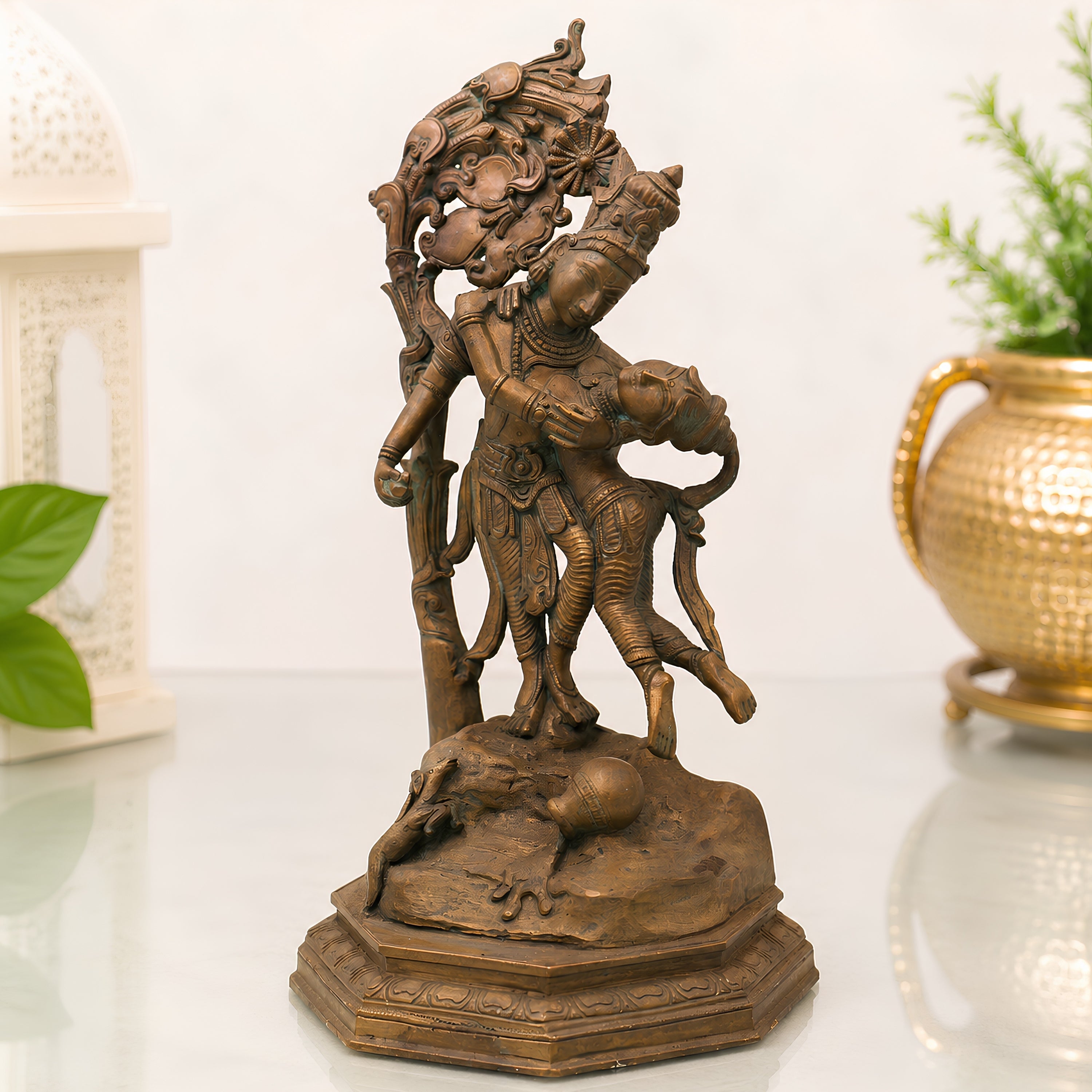 Handcrafted Chola Bronze Radha Krishna Idol, Shri Radhakrishna Murti for Pooja, Mandir, Home Decor & Gifting, Brown, 14 Inch, 1 Piece