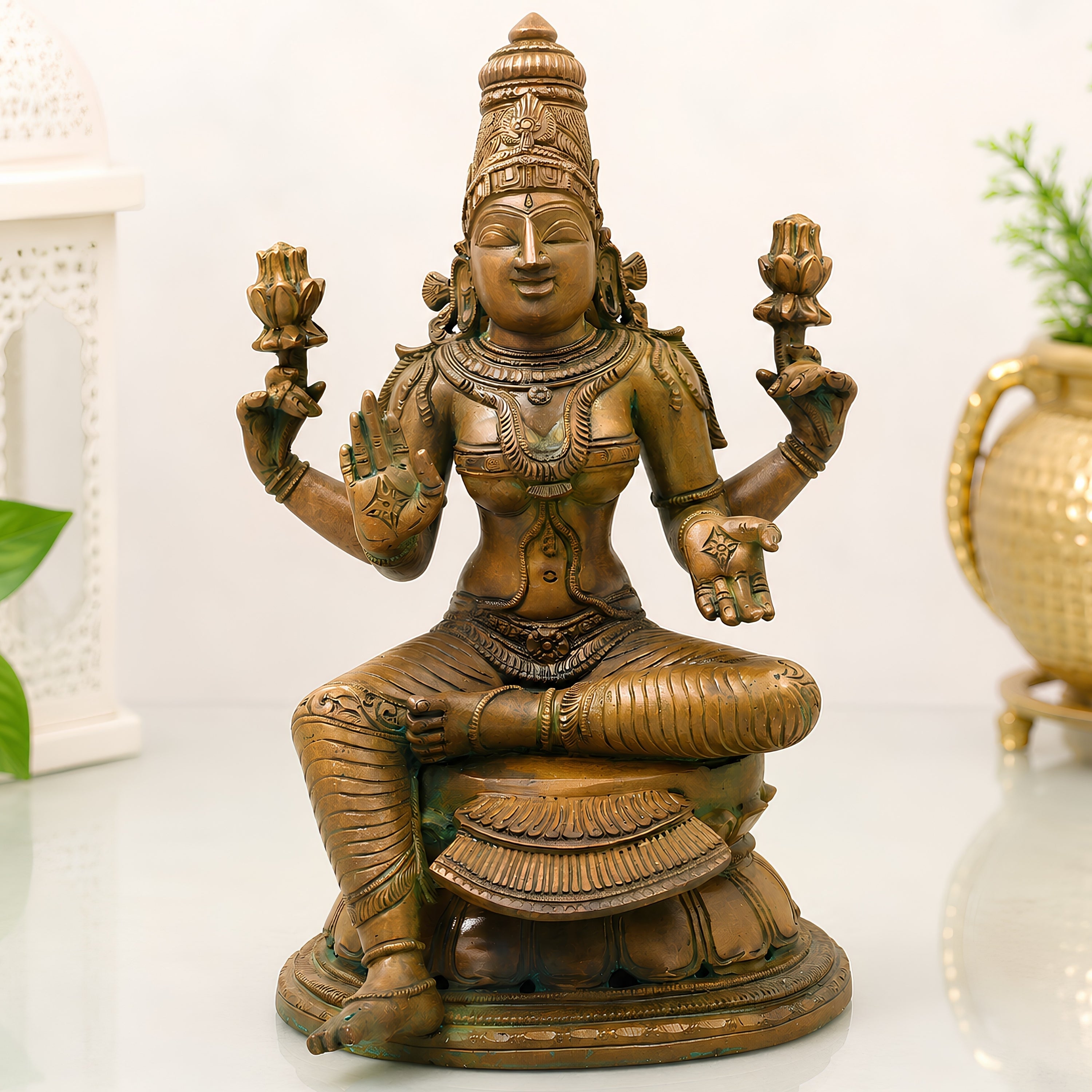 Handcrafted Chola Bronze Lakshmi Mahalakshmi Devi Idol for Pooja, Home Decor & Spiritual Gifting, Brown, 13 Inch, 1 Piece