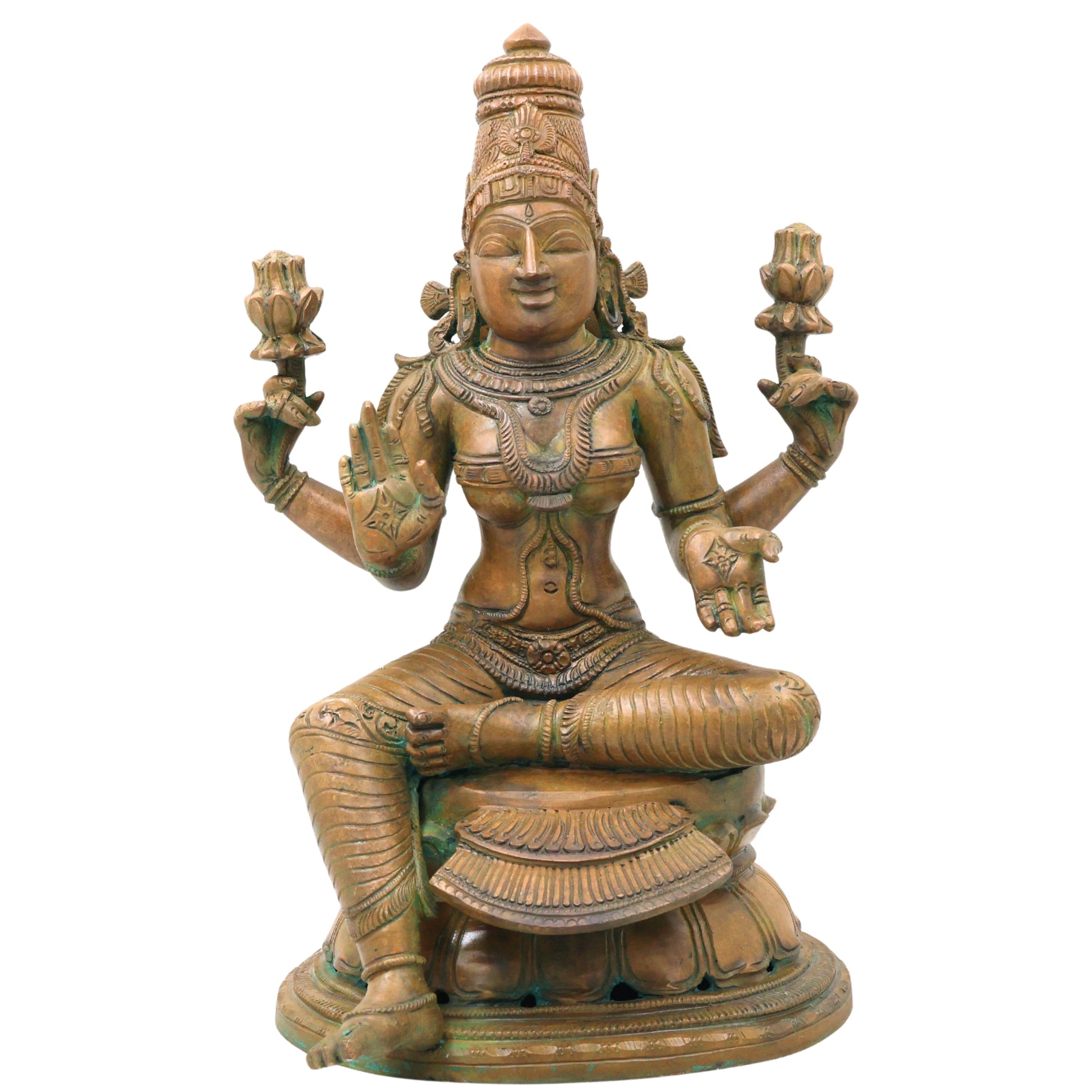 Handcrafted Chola Bronze Lakshmi Mahalakshmi Devi Idol for Pooja, Home Decor & Spiritual Gifting, Brown, 13 Inch, 1 Piece