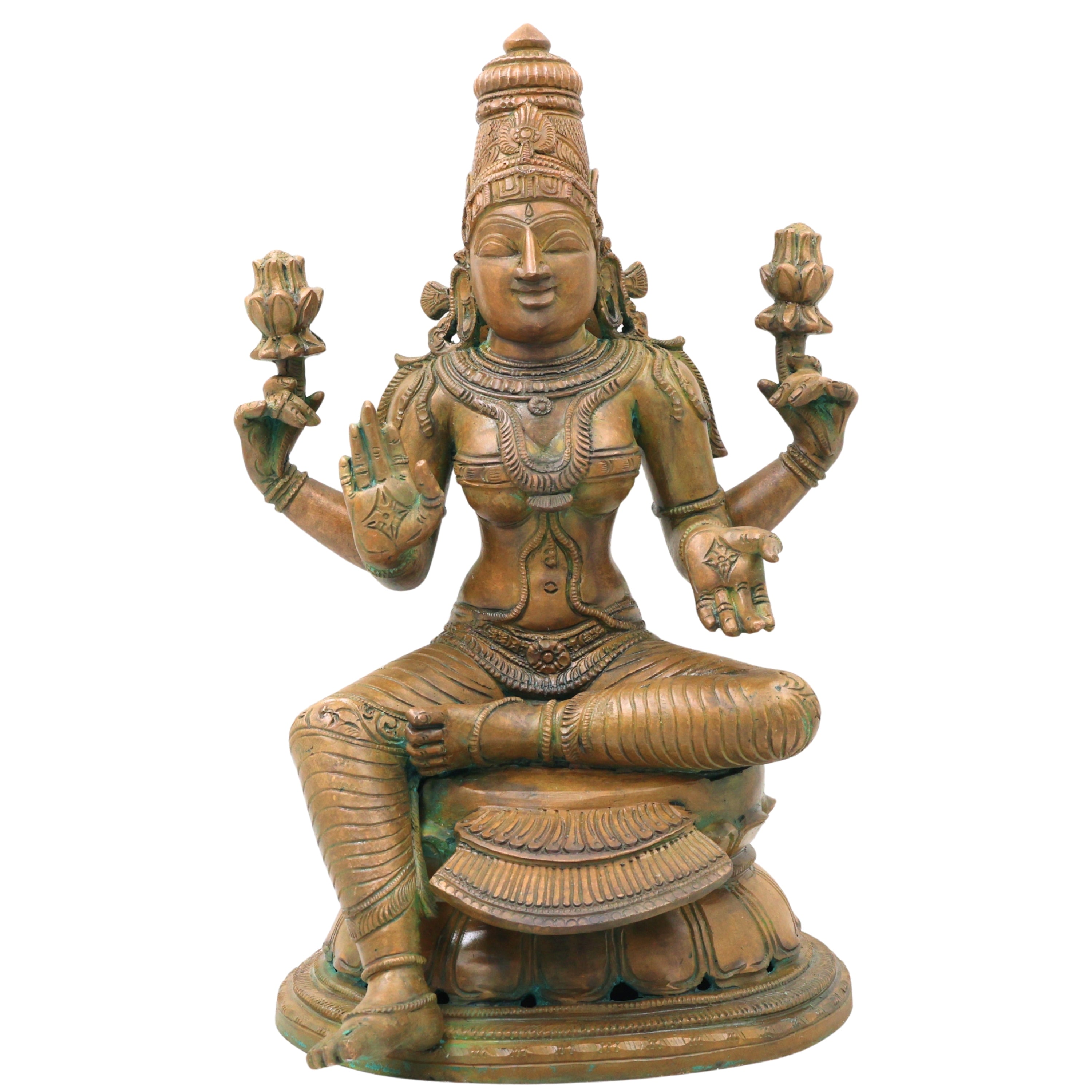 Handcrafted Chola Bronze Lakshmi Mahalakshmi Devi Idol for Pooja, Home Decor & Spiritual Gifting, Brown, 13 Inch, 1 Piece