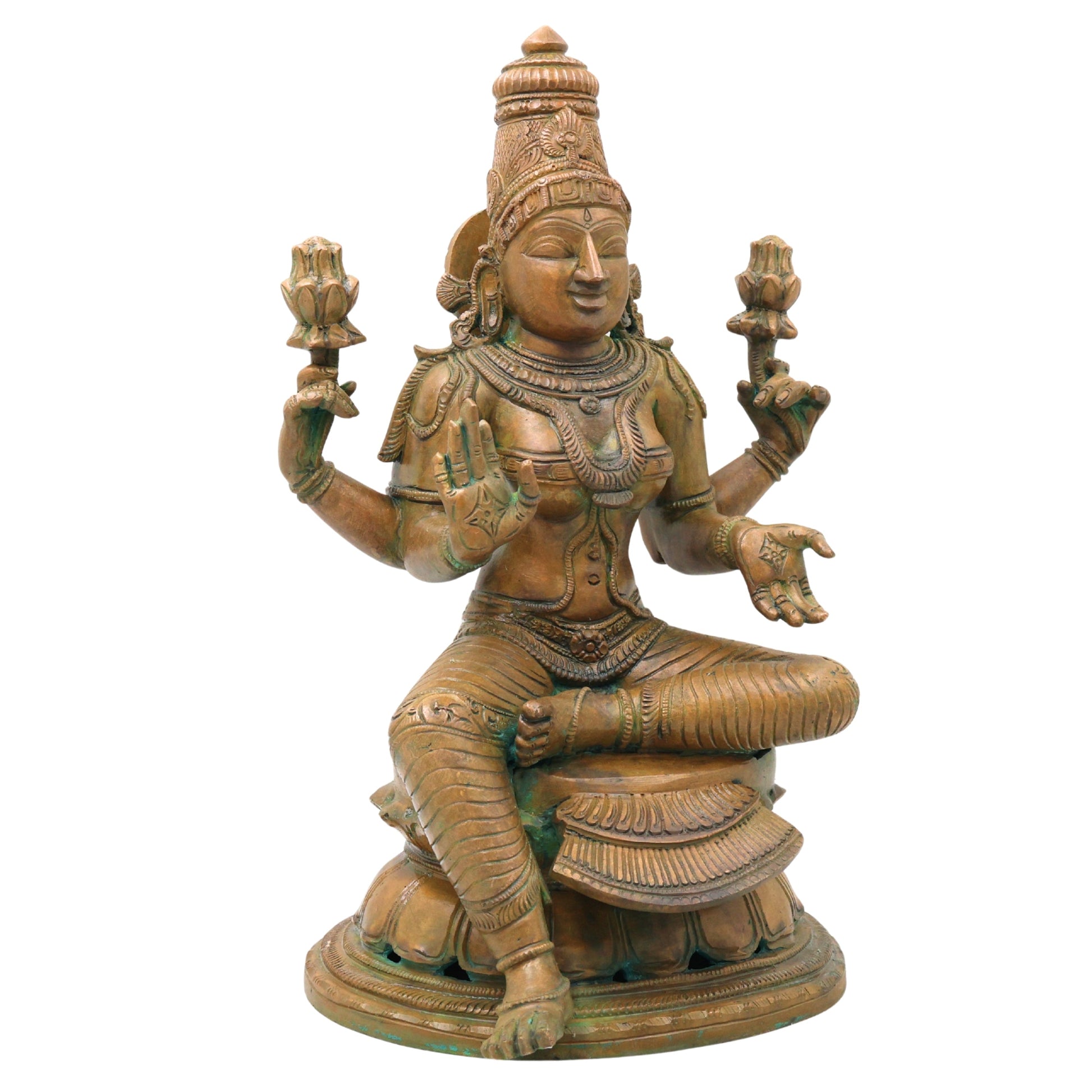 Handcrafted Chola Bronze Lakshmi Mahalakshmi Devi Idol for Pooja, Home Decor & Spiritual Gifting, Brown, 13 Inch, 1 Piece
