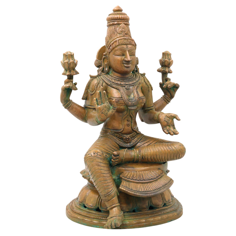 Handcrafted Chola Bronze Lakshmi Mahalakshmi Devi Idol for Pooja, Home Decor & Spiritual Gifting, Brown, 13 Inch, 1 Piece