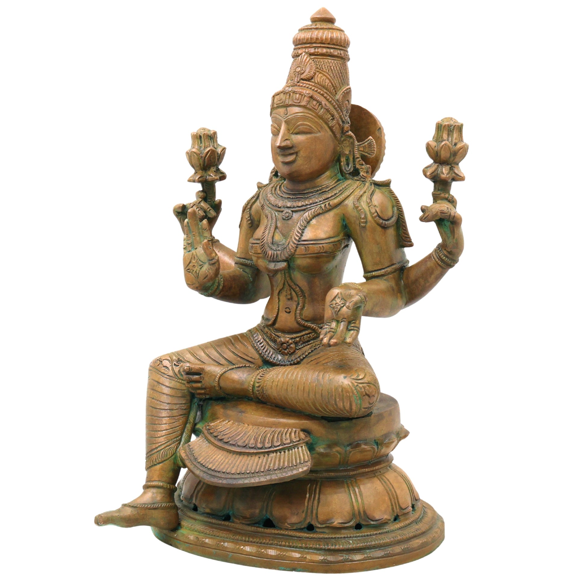 Handcrafted Chola Bronze Lakshmi Mahalakshmi Devi Idol for Pooja, Home Decor & Spiritual Gifting, Brown, 13 Inch, 1 Piece
