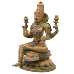 Handcrafted Chola Bronze Lakshmi Mahalakshmi Devi Idol for Pooja, Home Decor & Spiritual Gifting, Brown, 13 Inch, 1 Piece