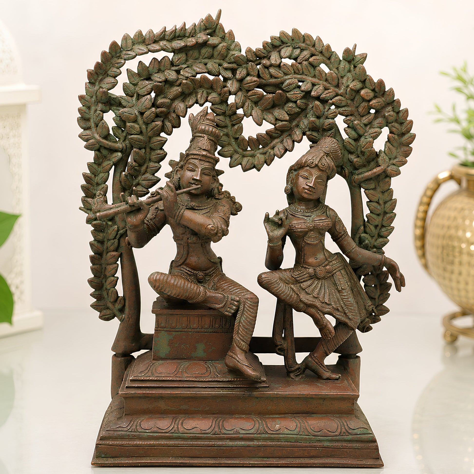 Handcrafted Bronze Radha Krishna Idol, Shri Radha Krishna Divine Couple Sculpture, Chola Style Murti for Pooja & Decor, Brown, 13.5 Inch, 1 Piece