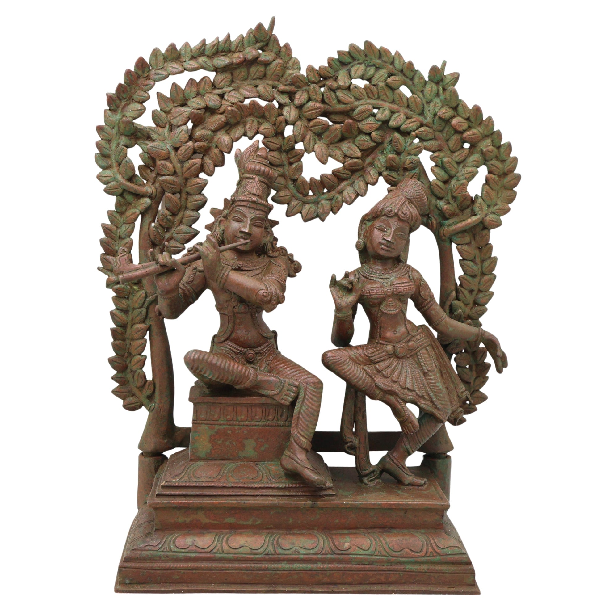 Handcrafted Bronze Radha Krishna Idol, Shri Radha Krishna Divine Couple Sculpture, Chola Style Murti for Pooja & Decor, Brown, 13.5 Inch, 1 Piece