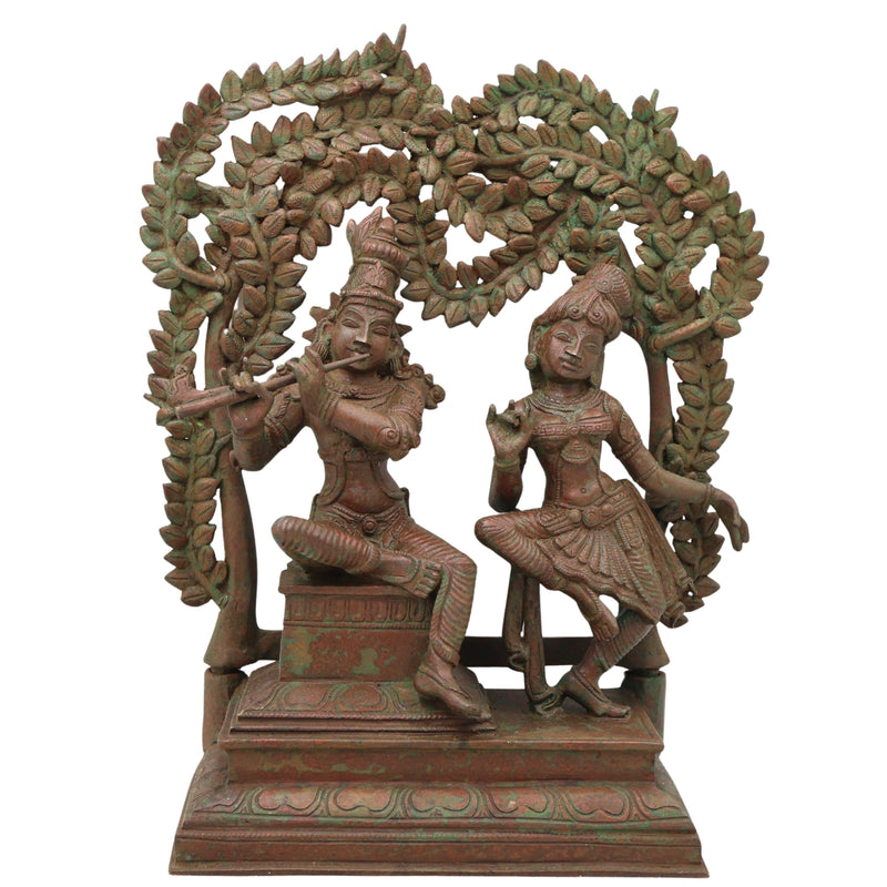 Handcrafted Bronze Radha Krishna Idol, Shri Radha Krishna Divine Couple Sculpture, Chola Style Murti for Pooja & Decor, Brown, 13.5 Inch, 1 Piece