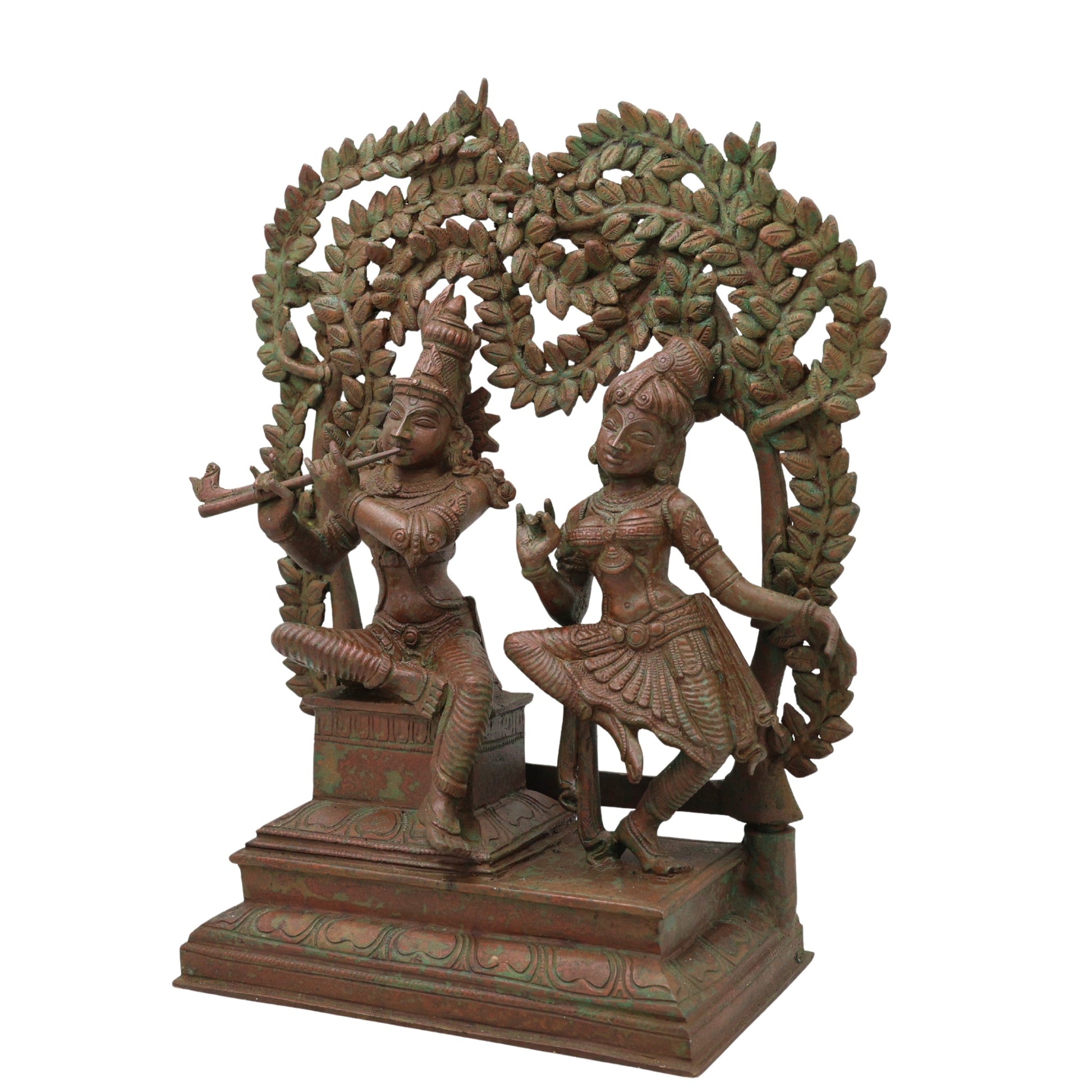 Handcrafted Bronze Radha Krishna Idol, Shri Radha Krishna Divine Couple Sculpture, Chola Style Murti for Pooja & Decor, Brown, 13.5 Inch, 1 Piece