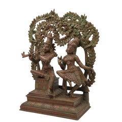 Handcrafted Bronze Radha Krishna Idol, Shri Radha Krishna Divine Couple Sculpture, Chola Style Murti for Pooja & Decor, Brown, 13.5 Inch, 1 Piece