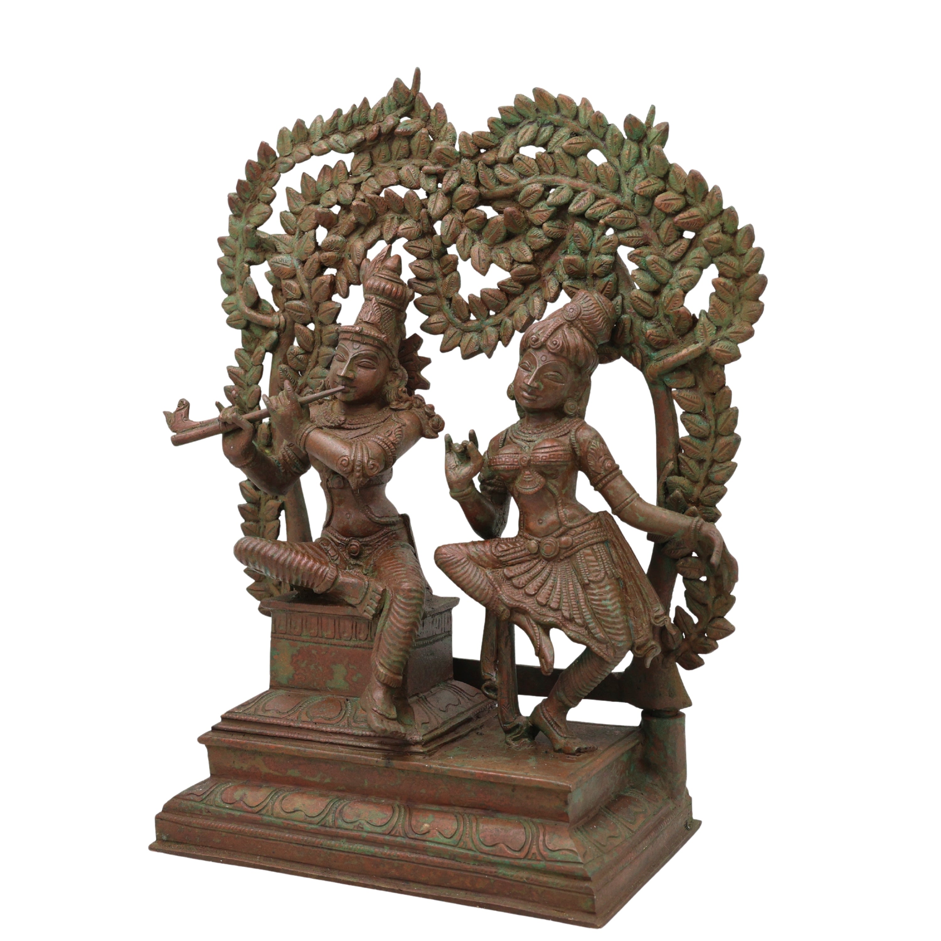 Handcrafted Bronze Radha Krishna Idol, Shri Radha Krishna Divine Couple Sculpture, Chola Style Murti for Pooja & Decor, Brown, 13.5 Inch, 1 Piece