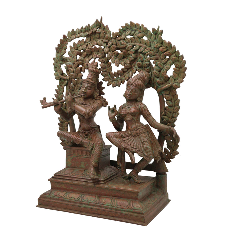 Handcrafted Bronze Radha Krishna Idol, Shri Radha Krishna Divine Couple Sculpture, Chola Style Murti for Pooja & Decor, Brown, 13.5 Inch, 1 Piece
