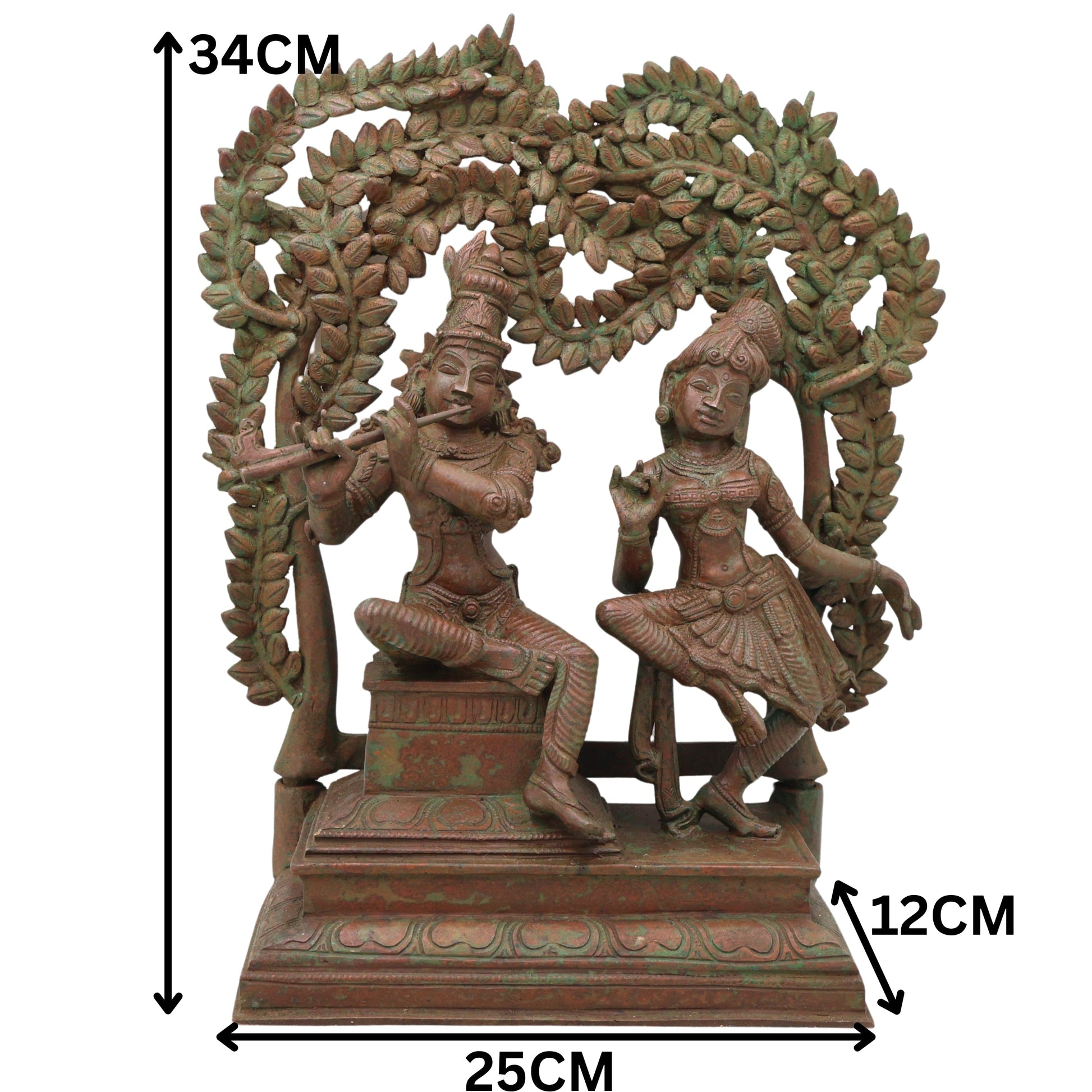 Handcrafted Bronze Radha Krishna Idol, Shri Radha Krishna Divine Couple Sculpture, Chola Style Murti for Pooja & Decor, Brown, 13.5 Inch, 1 Piece
