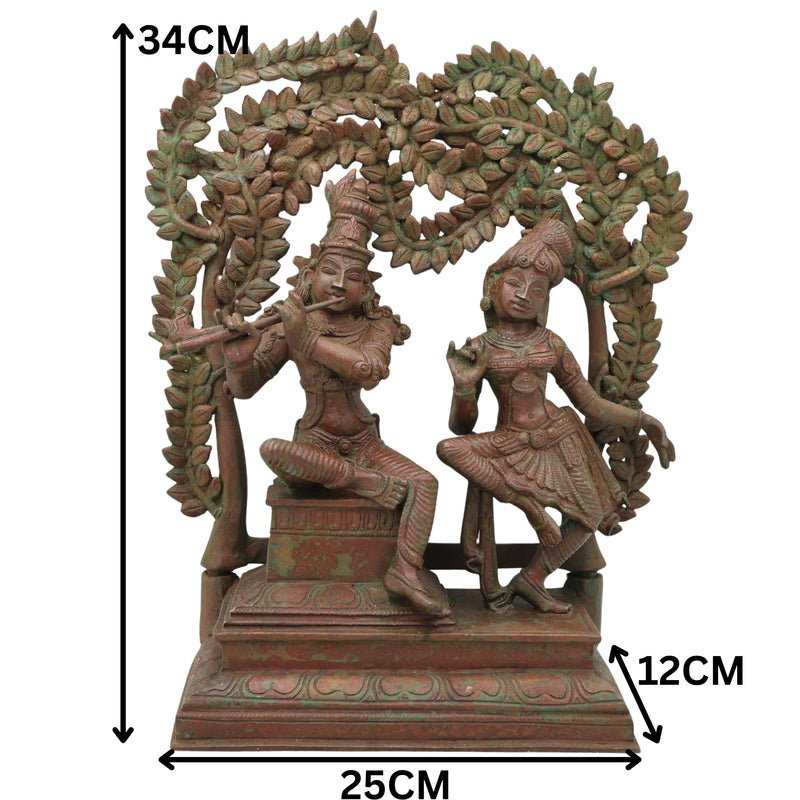 Handcrafted Bronze Radha Krishna Idol, Shri Radha Krishna Divine Couple Sculpture, Chola Style Murti for Pooja & Decor, Brown, 13.5 Inch, 1 Piece