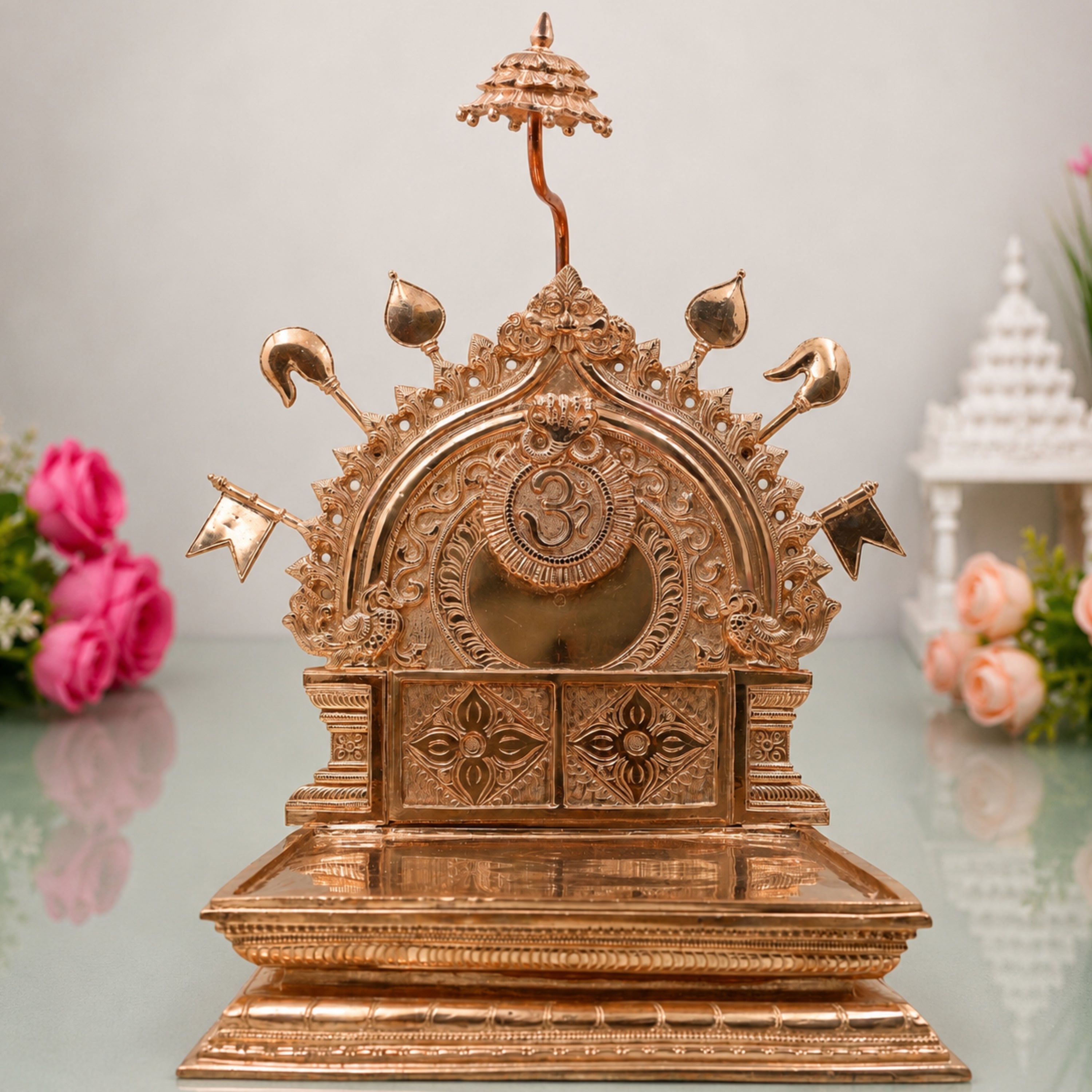 Bronze Prabhavali with Chowki for Temple Pooja, Home Mandir Decor & Gifting, Gold, 21.5 Inch, 1 Piece