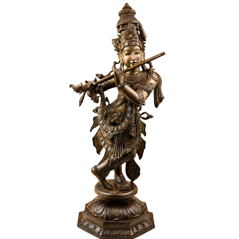 Bronze Lord Krishna Murti, Handcrafted Chola Style Govinda Statue for Pooja, Home Decor, Temple & Gifting, Brown, 26 Inch, 1 Piece