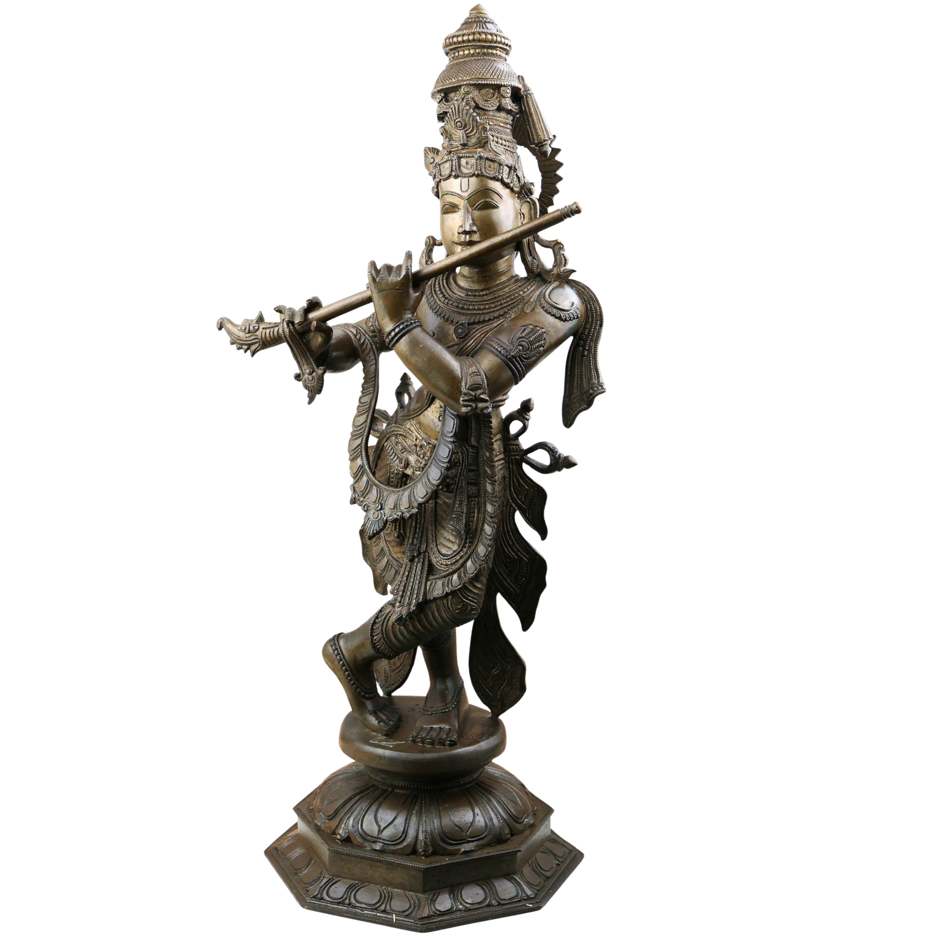 Bronze Lord Krishna Murti, Handcrafted Chola Style Govinda Statue for Pooja, Home Decor, Temple & Gifting, Brown, 26 Inch, 1 Piece