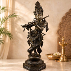 Bronze Lord Krishna Murti, Handcrafted Chola Style Govinda Statue for Pooja, Home Decor, Temple & Gifting, Brown, 26 Inch, 1 Piece