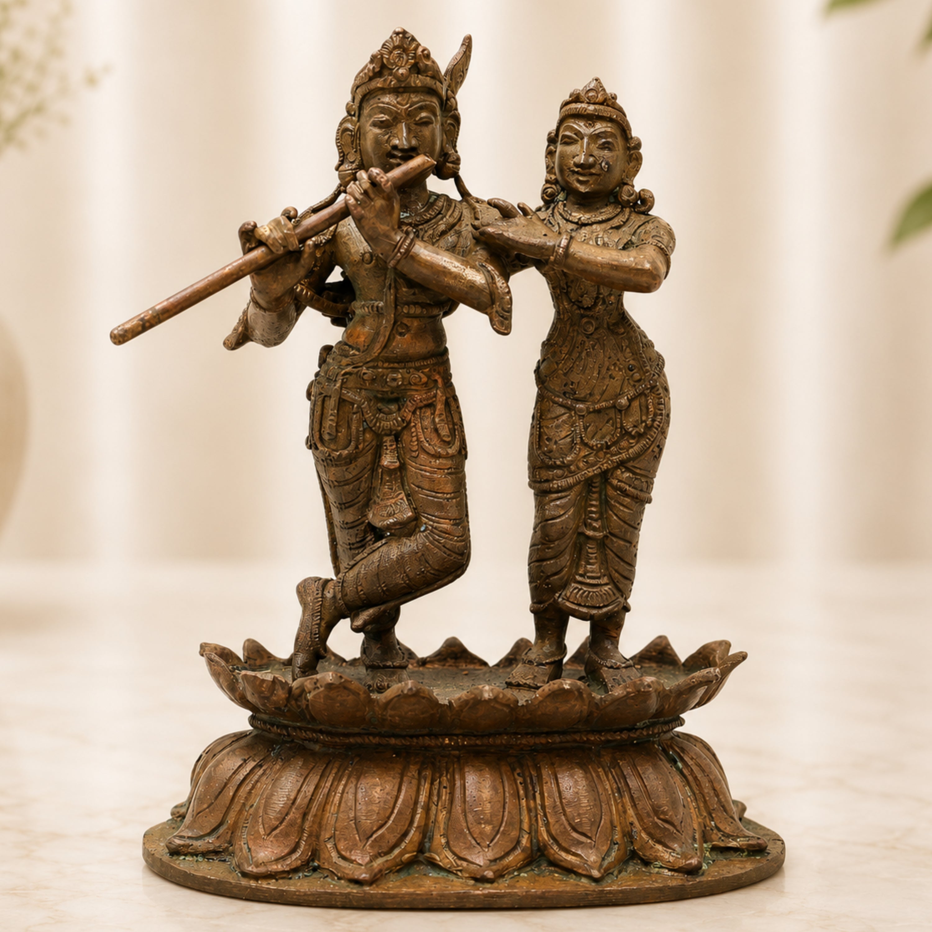 Bronze Radha Krishna Idol, Chola Art Radha Madhav Murti for Pooja, Home Decor & Gifting, Brown, 5.5 Inch, 1 Piece