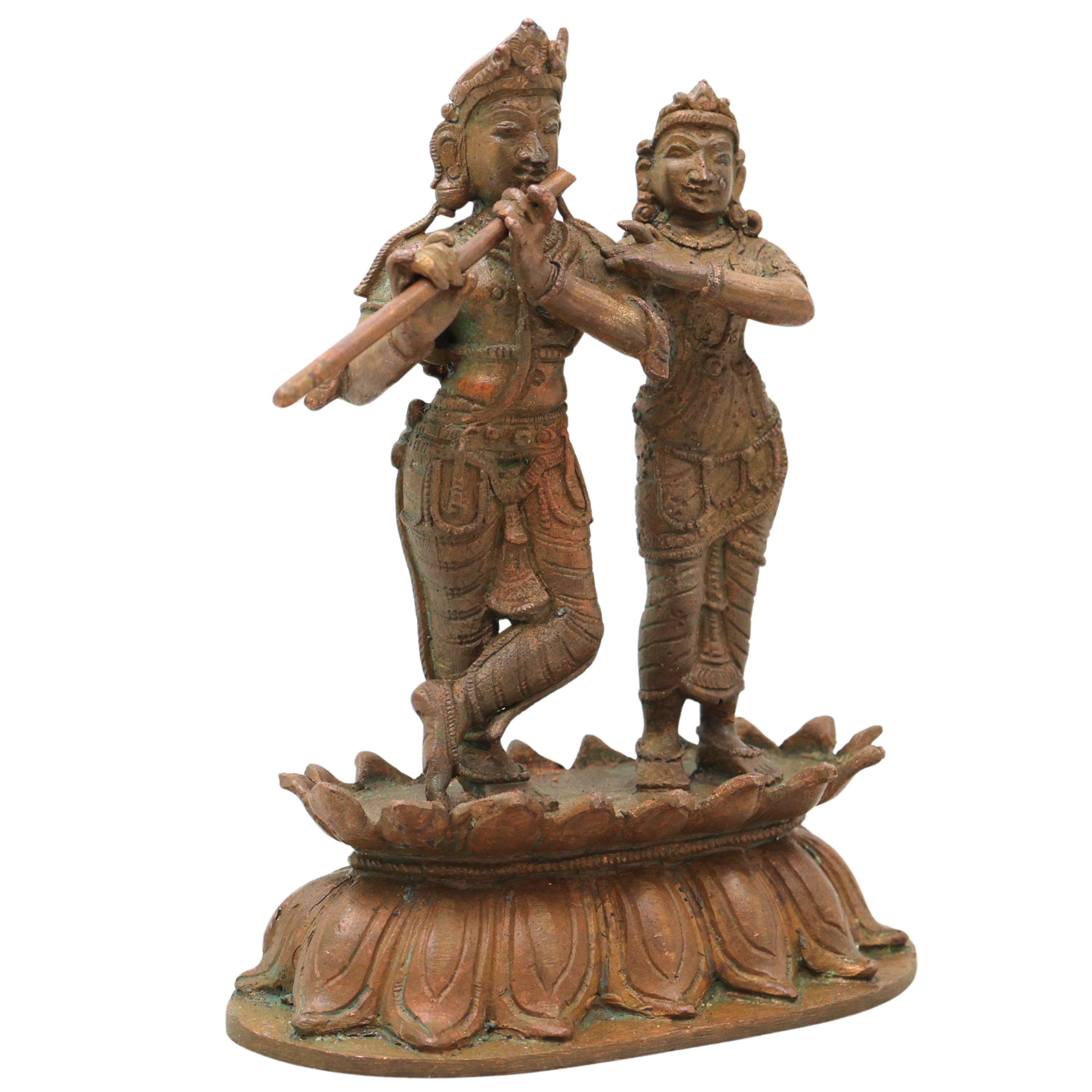 Bronze Radha Krishna Idol, Chola Art Radha Madhav Murti for Pooja, Home Decor & Gifting, Brown, 5.5 Inch, 1 Piece