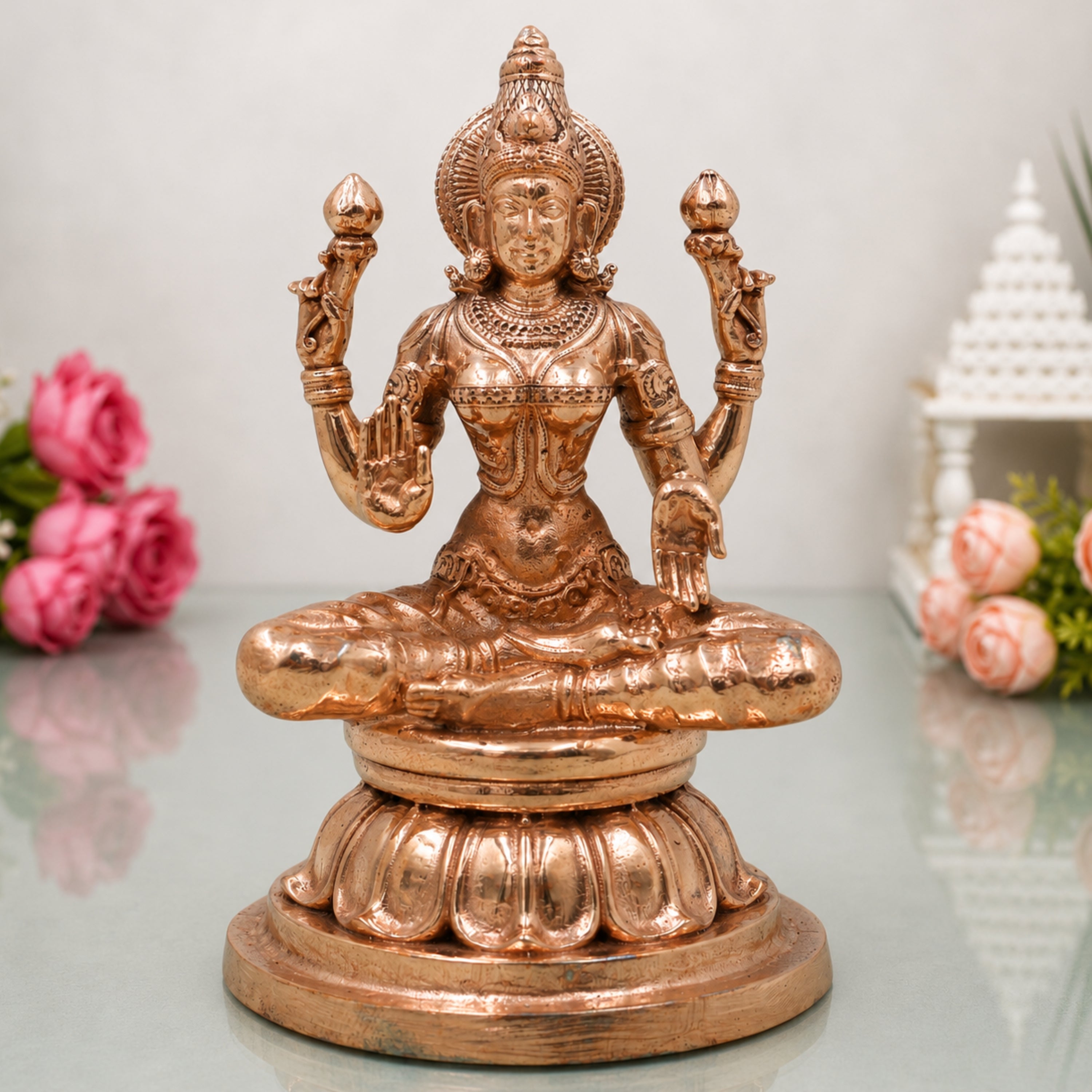 Bronze Maha Lakshmi Idol, Handcrafted Chola Art Mahalakshmi Murti for Pooja, Home Temple Decor & Housewarming Gift, Gold, 4.5 Inch, 1 Piece