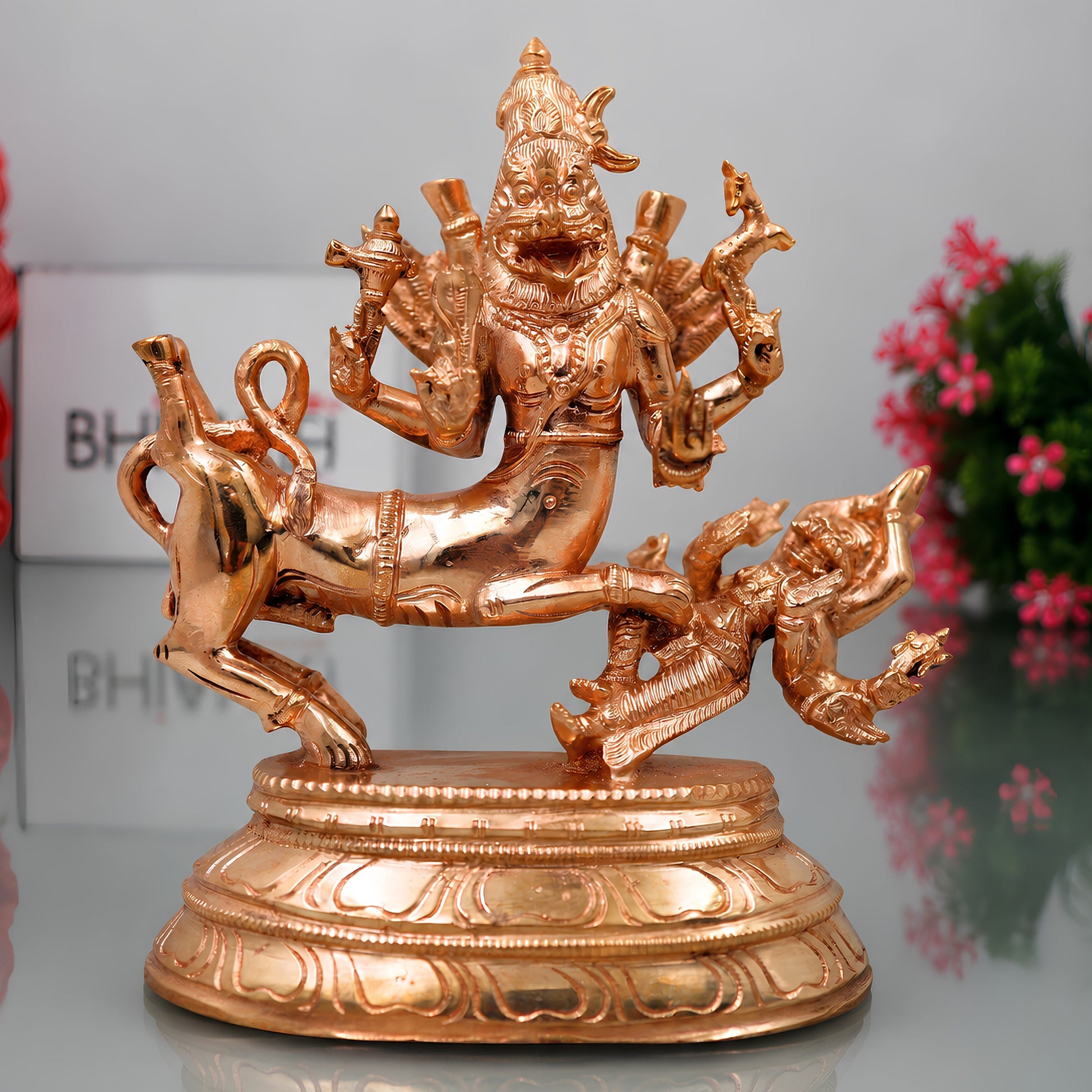 Handcrafted Chola Bronze Sharabheshwara Sharabha Idol, Shiva Avatar Murti for Pooja, Home Decor & Gifting, Gold, 7 Inch, 1 Piece