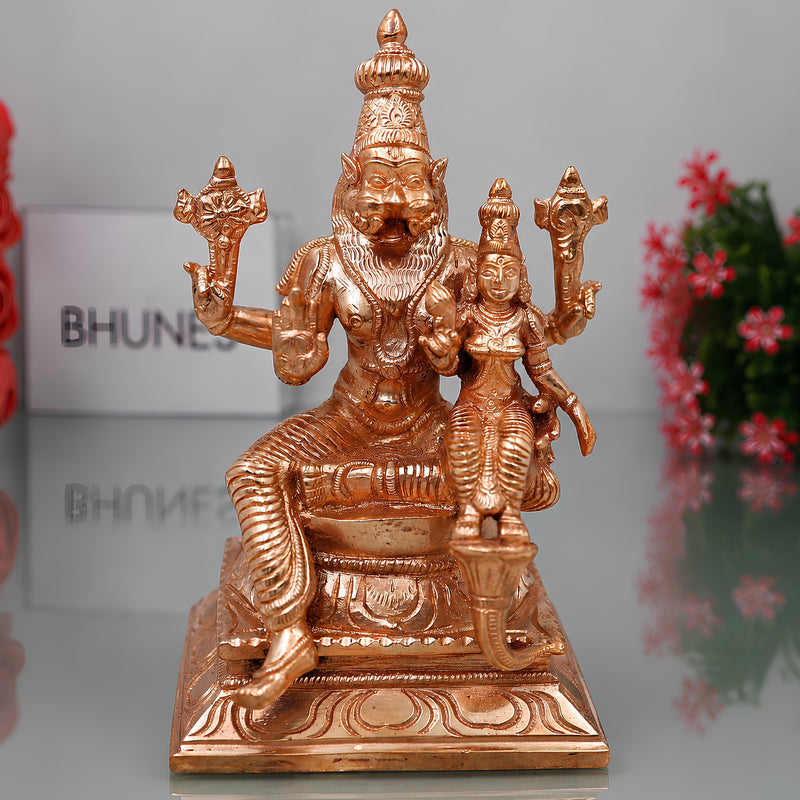 Handcrafted Chola Bronze Lakshmi Narasimha Idol, Sri Narahari Nrusimha Murti for Pooja, Home Decor & Gifting, Gold, 7 Inch, 1 Piece