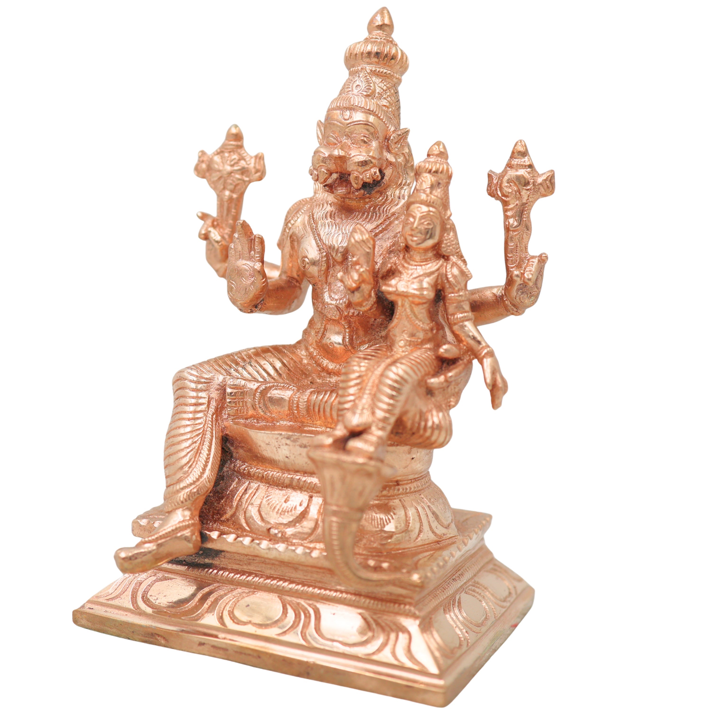 Handcrafted Chola Bronze Lakshmi Narasimha Idol, Sri Narahari Nrusimha Murti for Pooja, Home Decor & Gifting, Gold, 7 Inch, 1 Piece