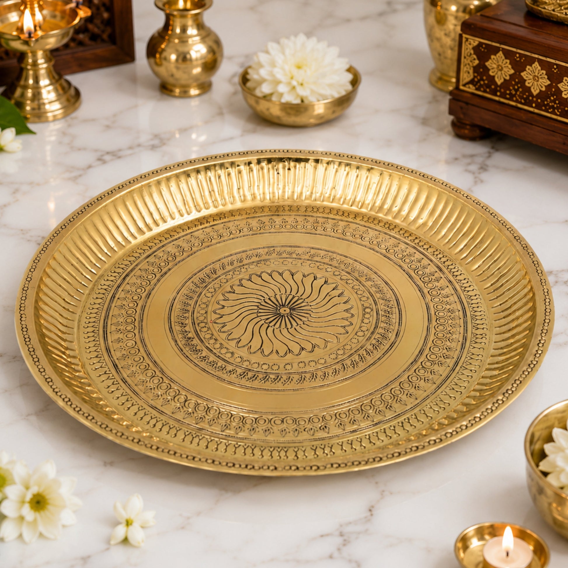 Handcrafted Traditional Brass Pooja Thali, Pure Brass Aarti Prayer Plate for Home Temple Worship & Gifting, Gold, 11.5 Inch, 1 Piece