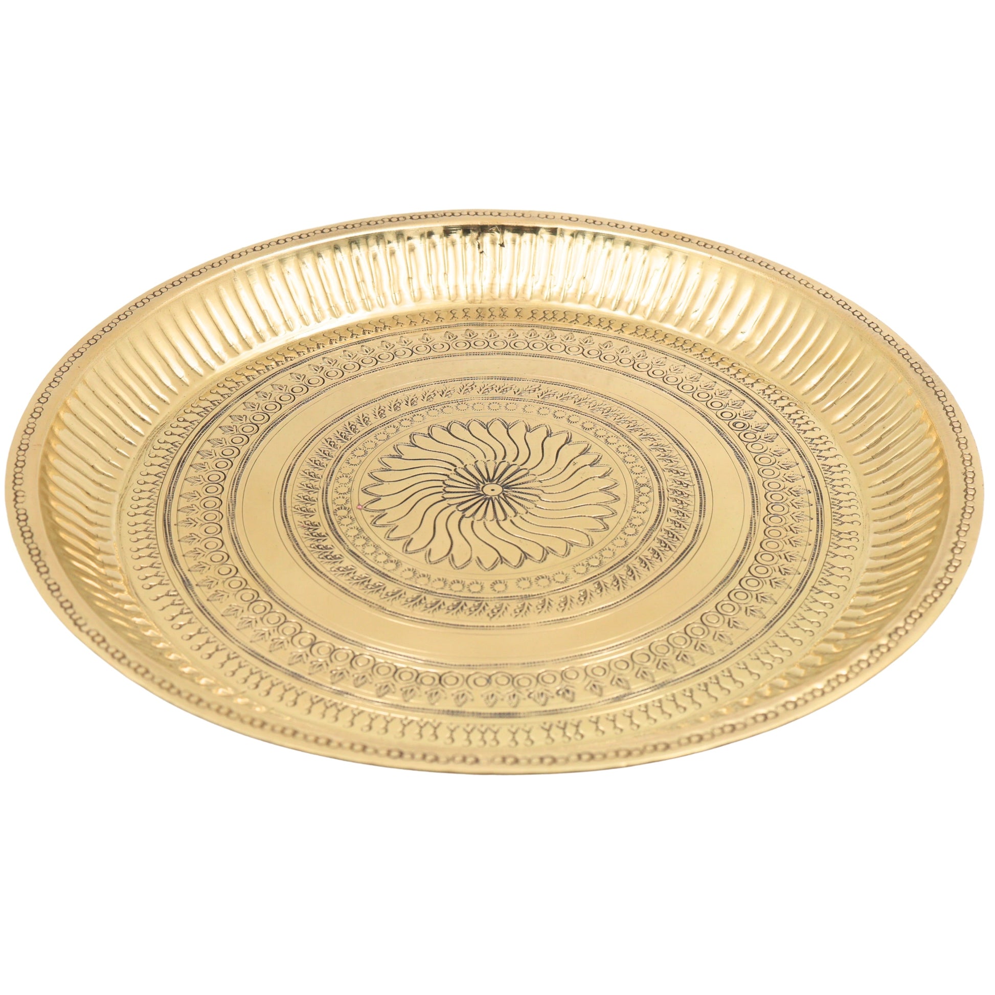 Handcrafted Traditional Brass Pooja Thali, Pure Brass Aarti Prayer Plate for Home Temple Worship & Gifting, Gold, 11.5 Inch, 1 Piece