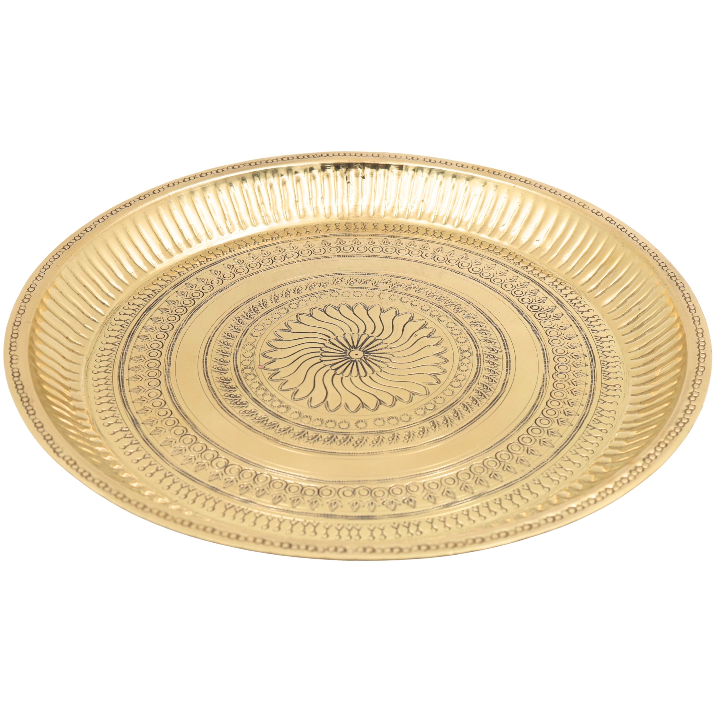 Handcrafted Traditional Brass Pooja Thali, Pure Brass Aarti Prayer Plate for Home Temple Worship & Gifting, Gold, 11.5 Inch, 1 Piece