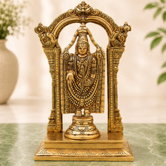 Handcrafted Traditional Brass Tirupati Balaji Venkateswara Srinivasa Prabhavali with Chowki Idol for Pooja, Home Decor & Gifting, Gold, 12 Inch, 1 Piece