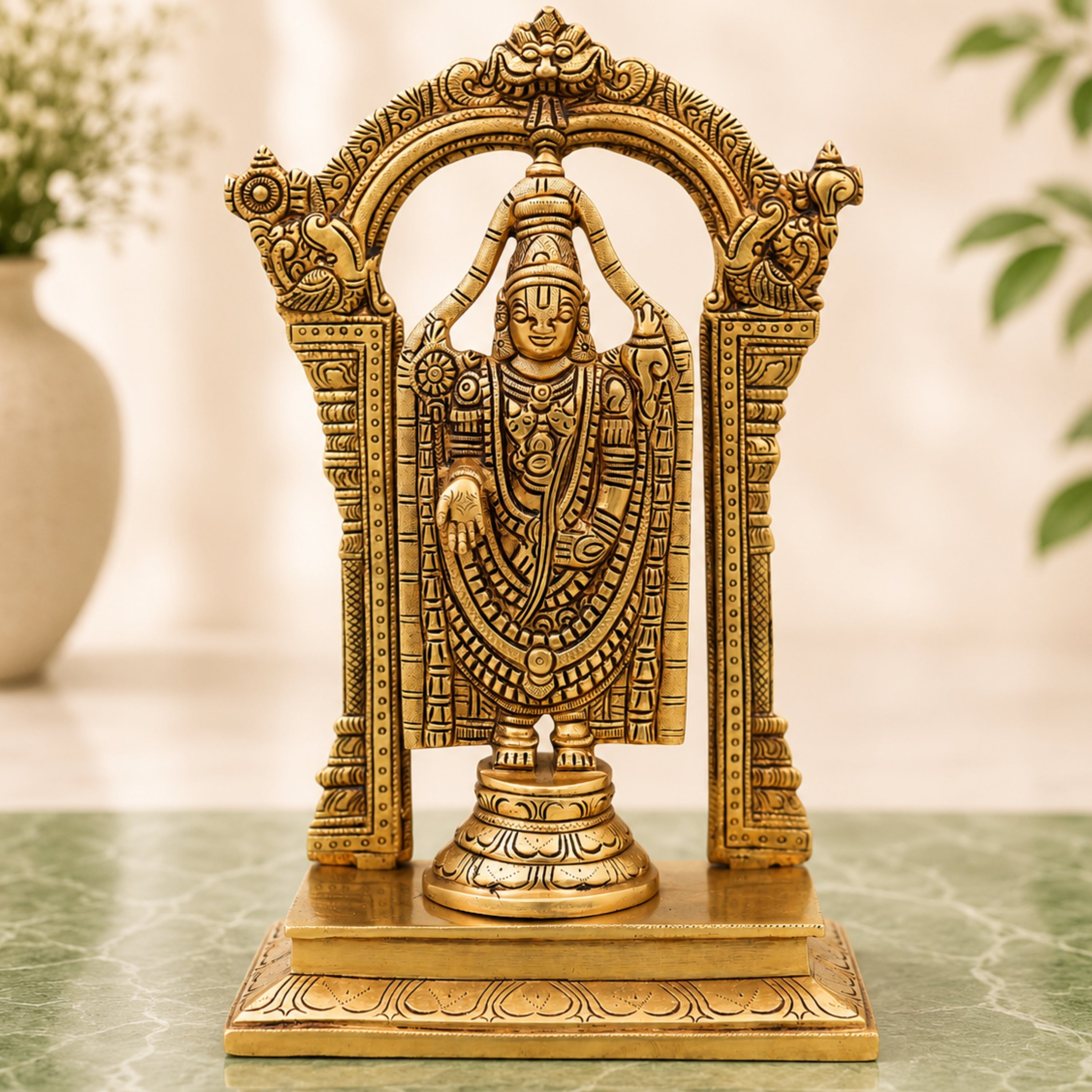 Handcrafted Traditional Brass Tirupati Balaji Venkateswara Srinivasa Prabhavali with Chowki Idol for Pooja, Home Decor & Gifting, Gold, 12 Inch, 1 Piece