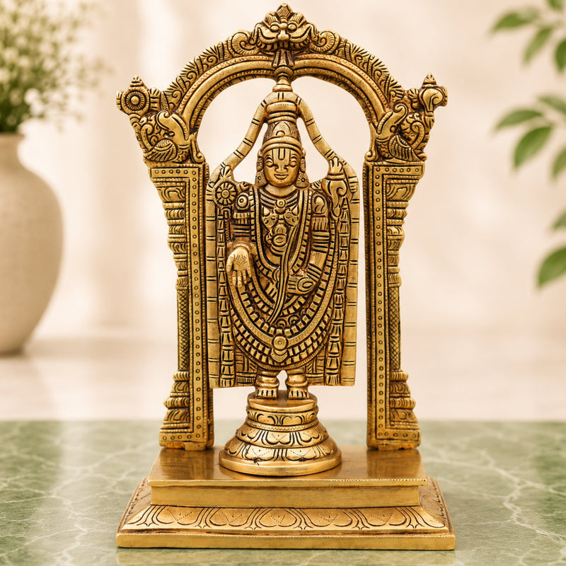 Handcrafted Traditional Brass Tirupati Balaji Venkateswara Srinivasa Prabhavali with Chowki Idol for Pooja, Home Decor & Gifting, Gold, 12 Inch, 1 Piece