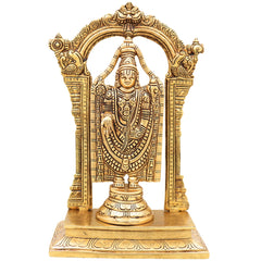 Handcrafted Traditional Brass Tirupati Balaji Venkateswara Srinivasa Prabhavali with Chowki Idol for Pooja, Home Decor & Gifting, Gold, 12 Inch, 1 Piece