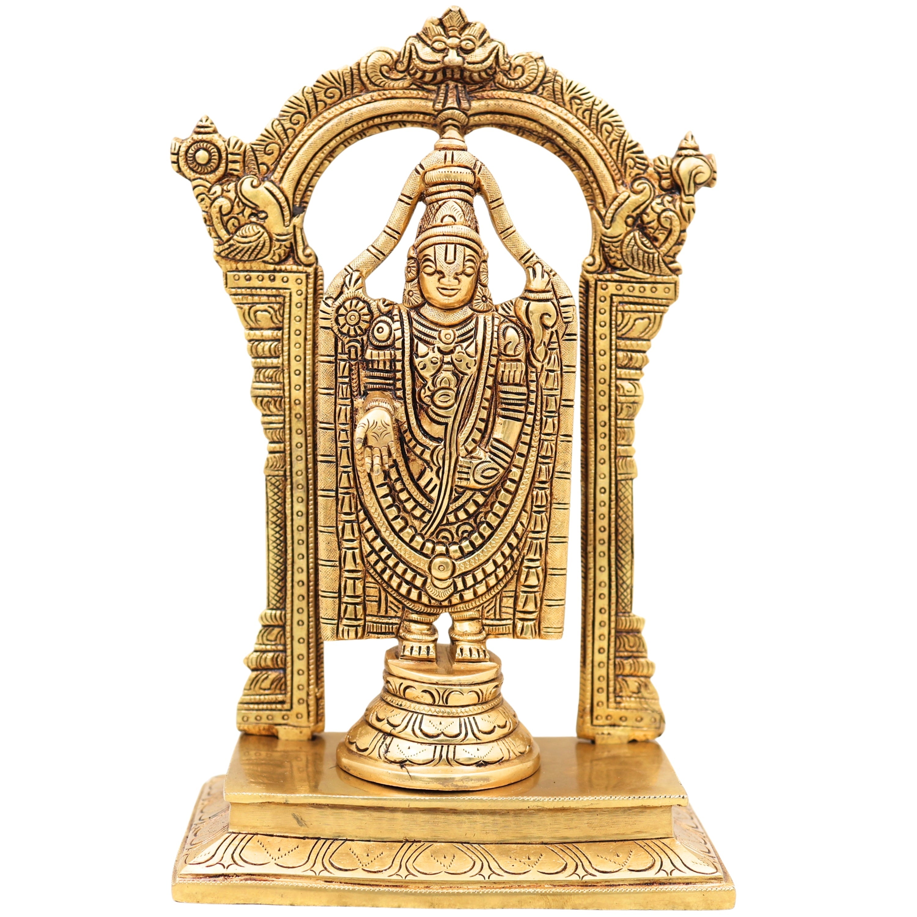 Handcrafted Traditional Brass Tirupati Balaji Venkateswara Srinivasa Prabhavali with Chowki Idol for Pooja, Home Decor & Gifting, Gold, 12 Inch, 1 Piece