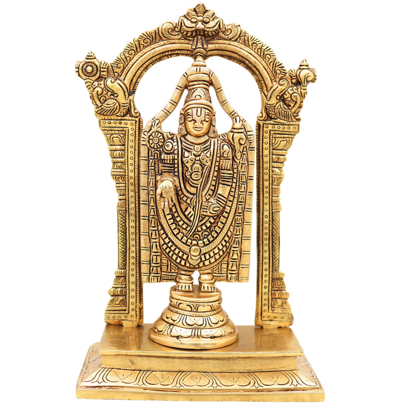 Handcrafted Traditional Brass Tirupati Balaji Venkateswara Srinivasa Prabhavali with Chowki Idol for Pooja, Home Decor & Gifting, Gold, 12 Inch, 1 Piece