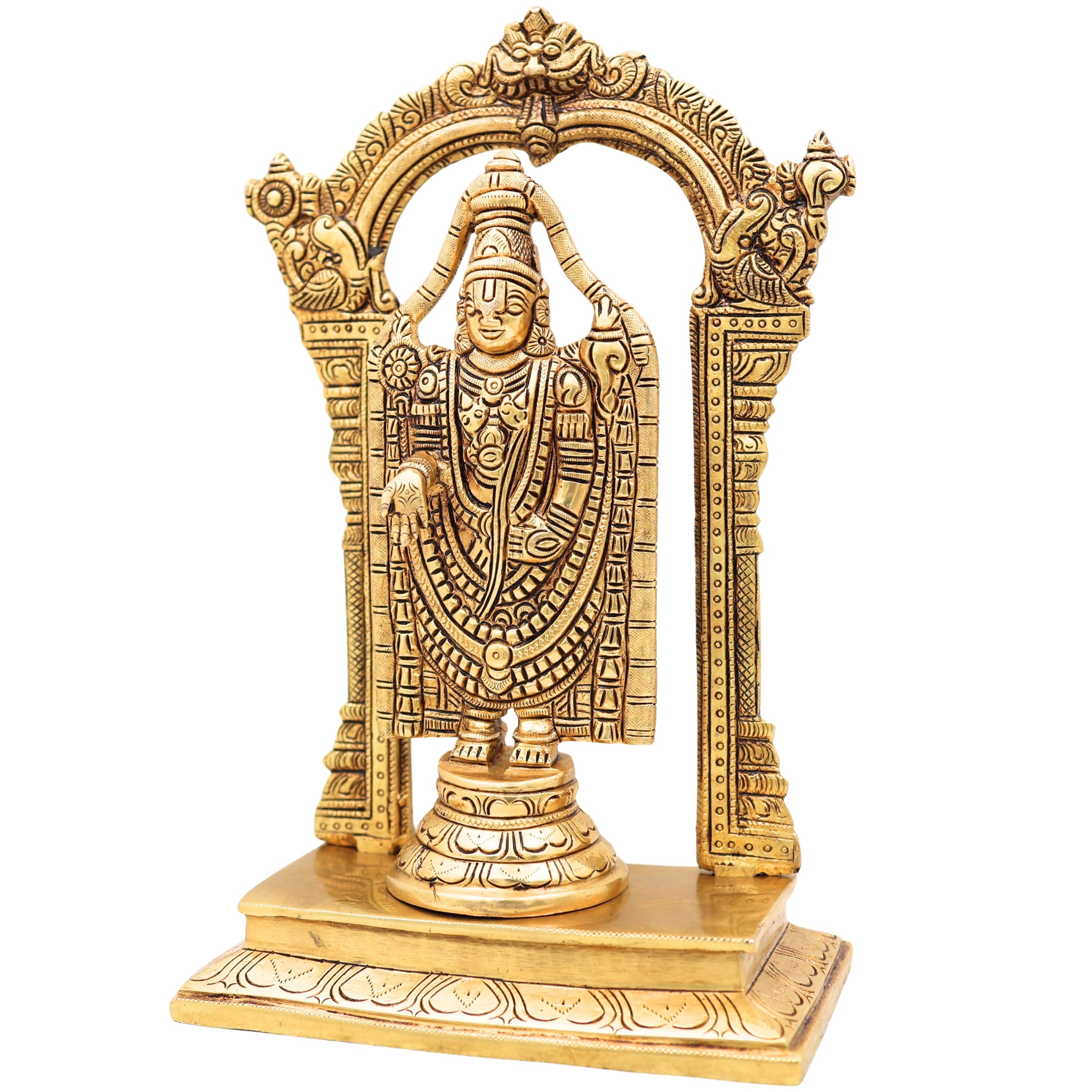 Handcrafted Traditional Brass Tirupati Balaji Venkateswara Srinivasa Prabhavali with Chowki Idol for Pooja, Home Decor & Gifting, Gold, 12 Inch, 1 Piece