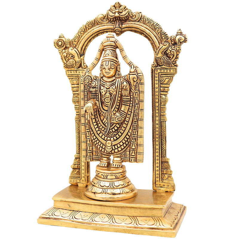 Handcrafted Traditional Brass Tirupati Balaji Venkateswara Srinivasa Prabhavali with Chowki Idol for Pooja, Home Decor & Gifting, Gold, 12 Inch, 1 Piece