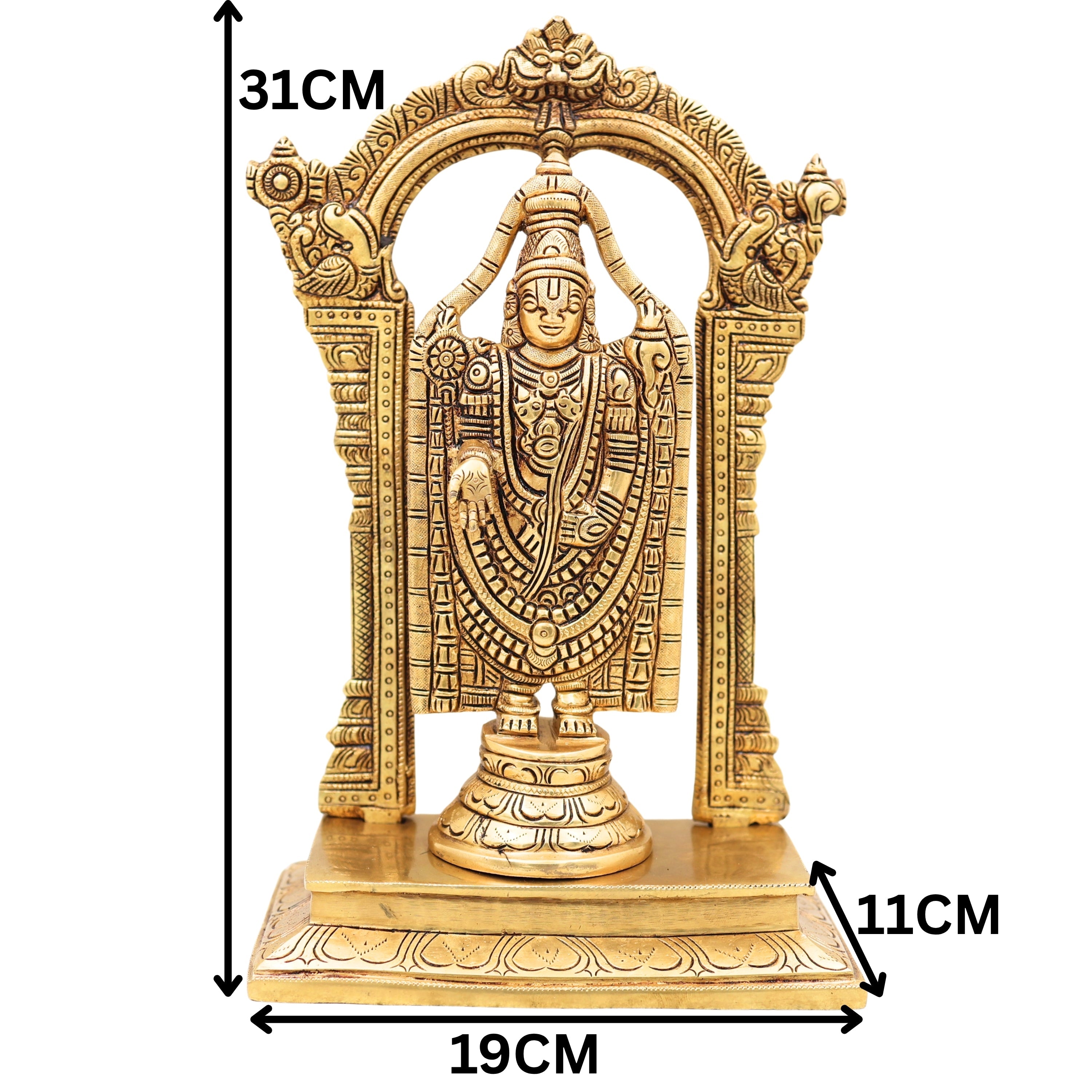 Handcrafted Traditional Brass Tirupati Balaji Venkateswara Srinivasa Prabhavali with Chowki Idol for Pooja, Home Decor & Gifting, Gold, 12 Inch, 1 Piece