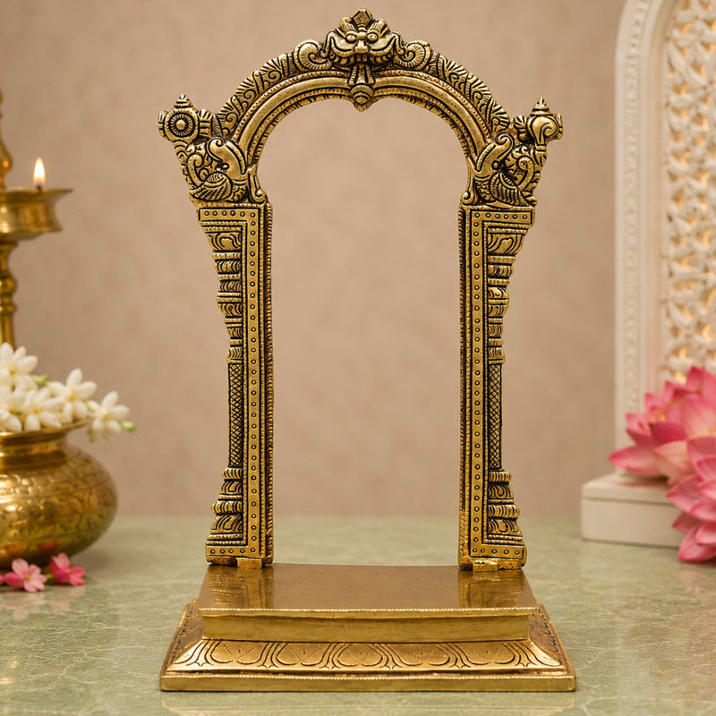 Brass Prabhavali with Chowki for Pooja, Home Temple & Mandir, Handcrafted Traditional Makara Torana Arch Stand, Gold, 12 Inch, 1 Piece