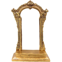 Brass Prabhavali with Chowki for Pooja, Home Temple & Mandir, Handcrafted Traditional Makara Torana Arch Stand, Gold, 12 Inch, 1 Piece