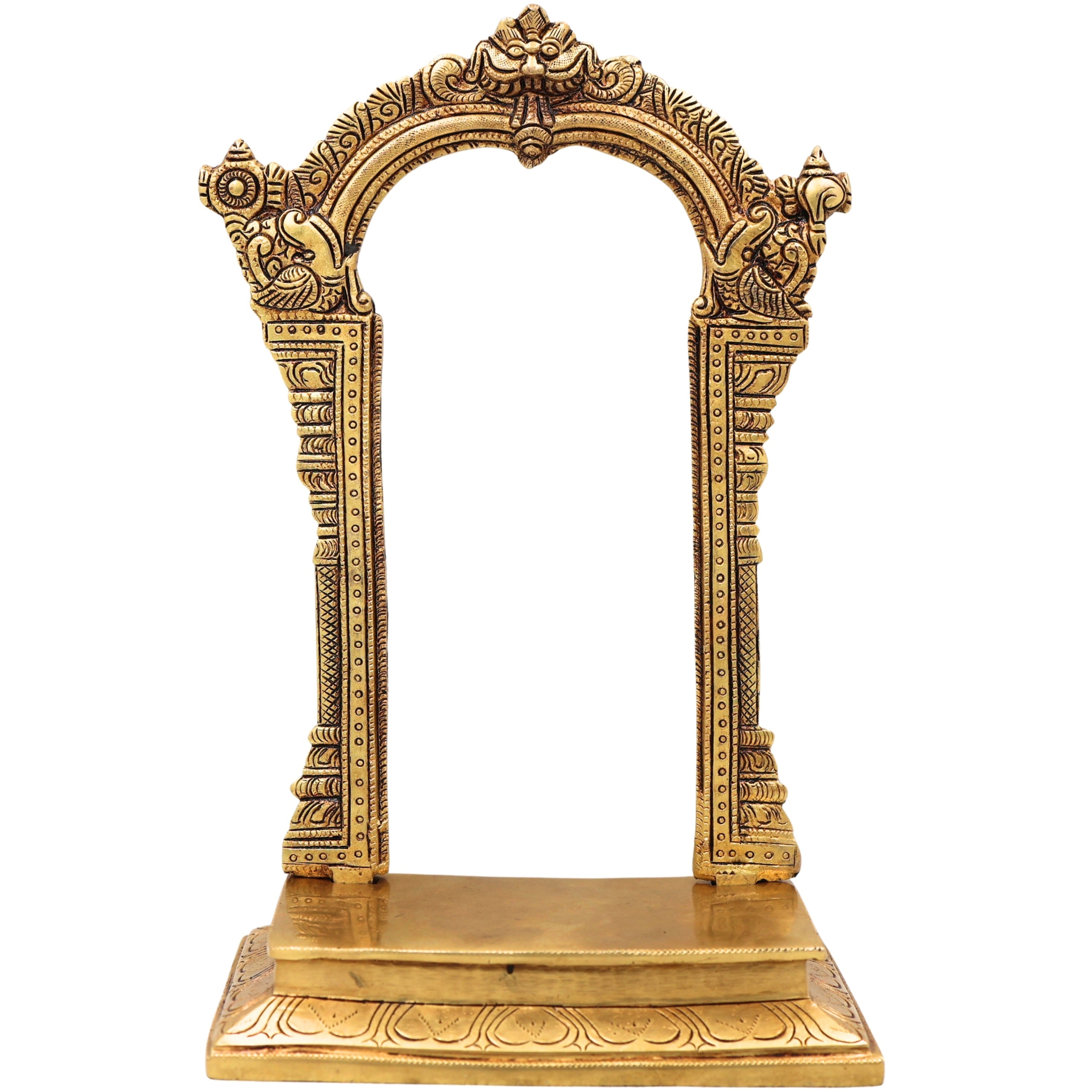 Brass Prabhavali with Chowki for Pooja, Home Temple & Mandir, Handcrafted Traditional Makara Torana Arch Stand, Gold, 12 Inch, 1 Piece